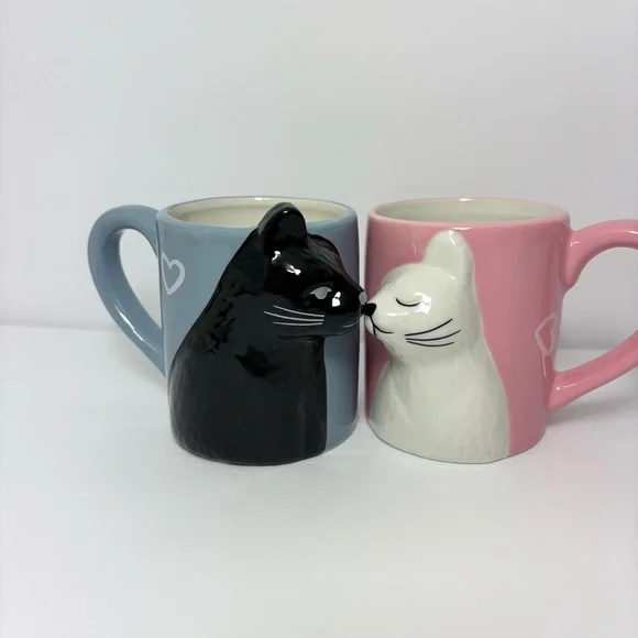 Kiss Cat Coffee Couple Mug Set, Unique Funny Tea Ceramic Cup Set